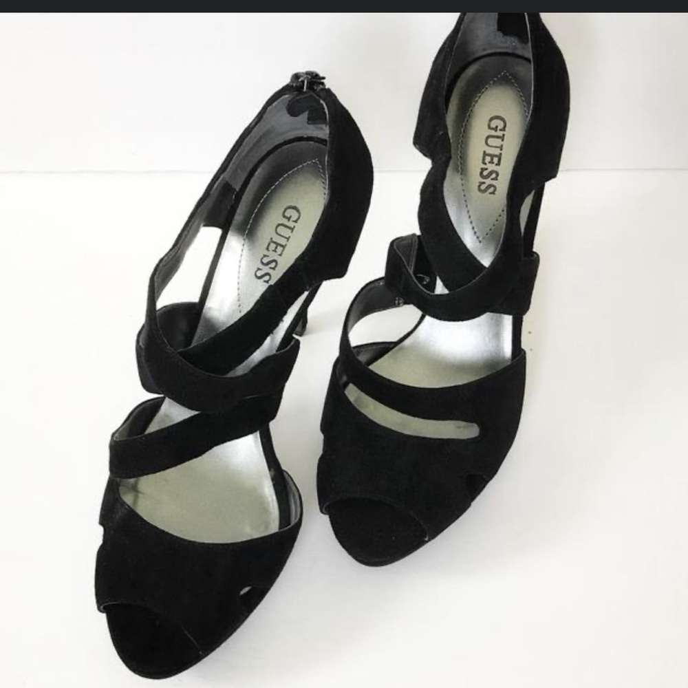 Guess black suede high heels sandals‎ open toe platform Sz 9 1/2